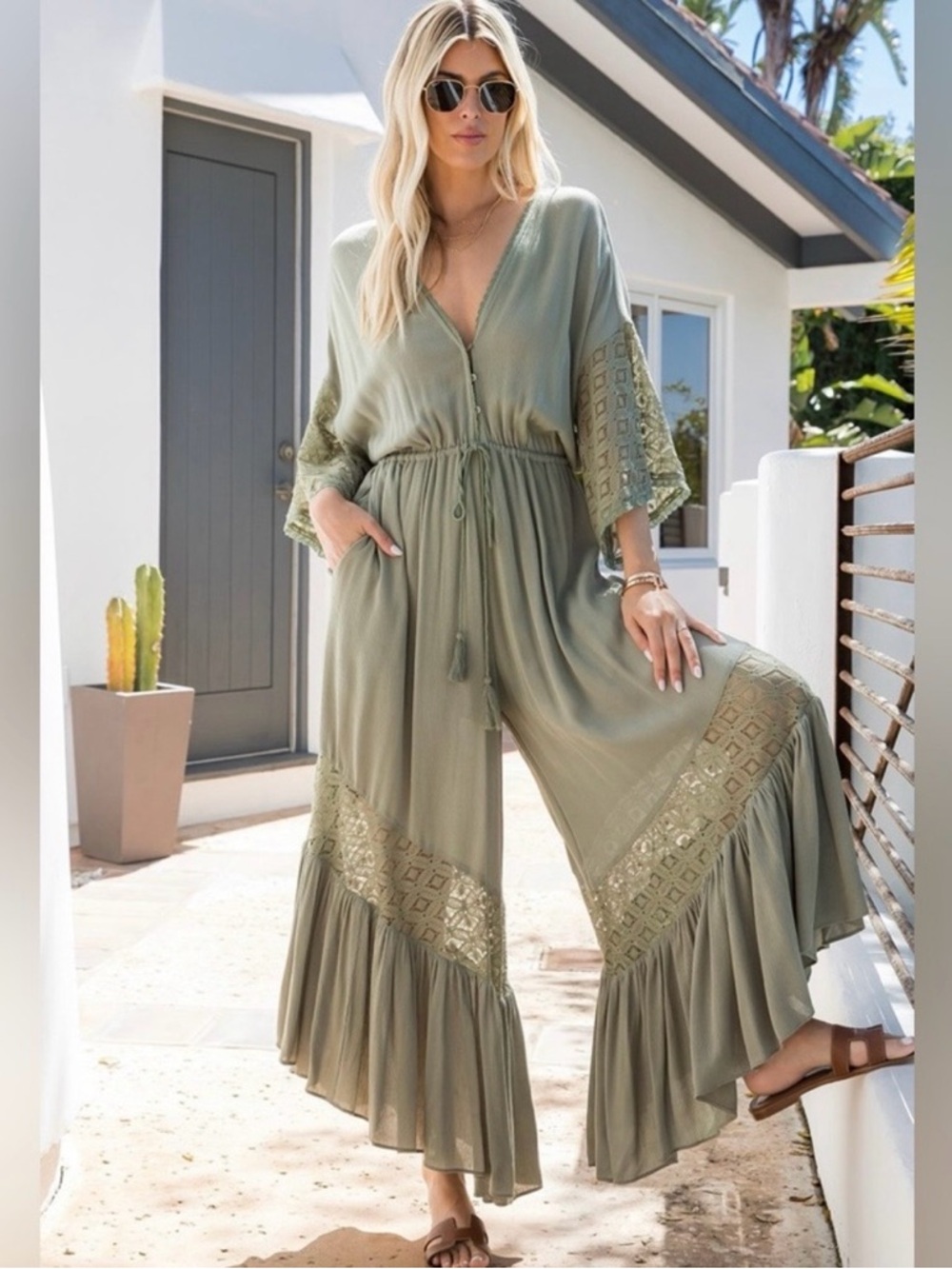 Sweet Lovely by Jen Sage Green Lace Bell Sleeve Jumpsuit Boho Festival 1XL